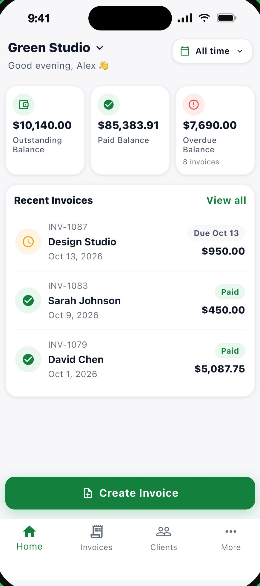 Home screen with outstanding, paid and overdue balances and recent invoices