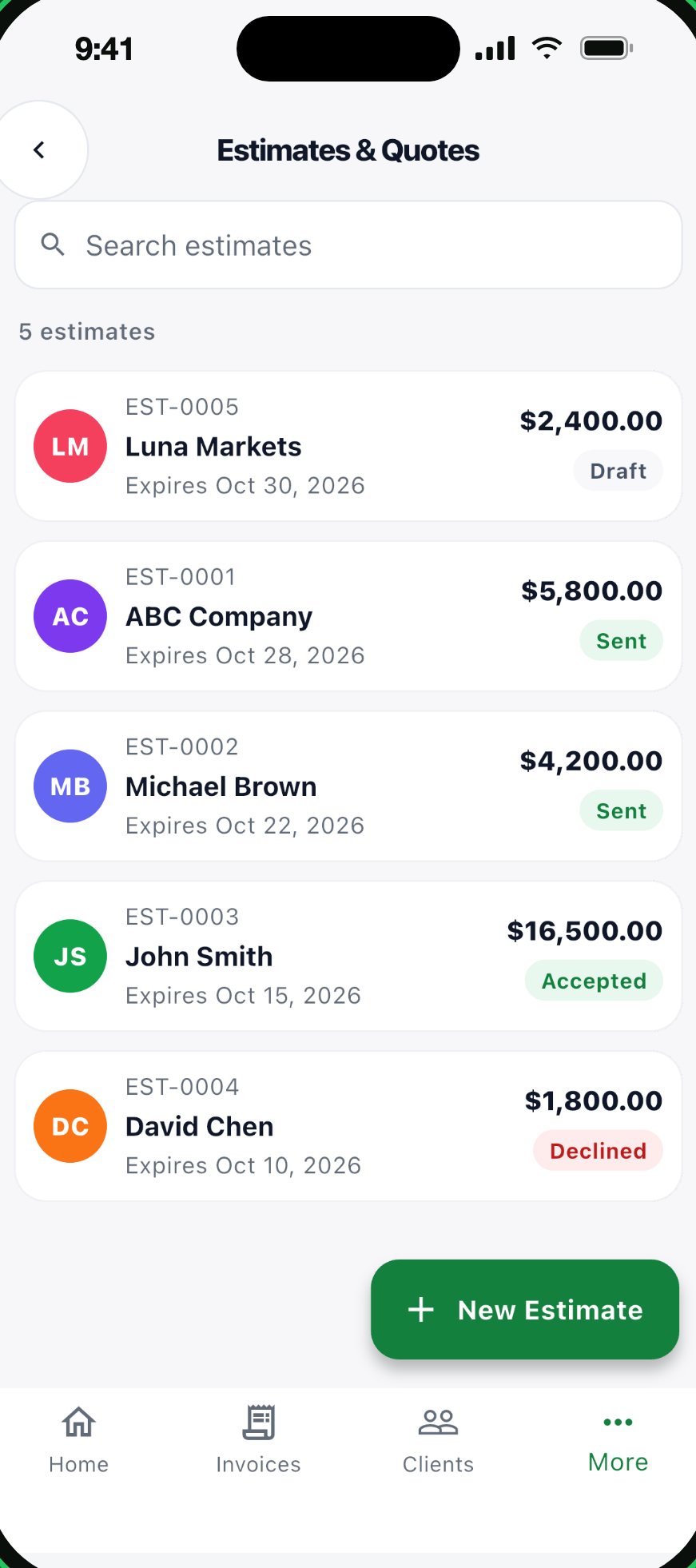Estimates list showing draft, sent, accepted and declined quotes